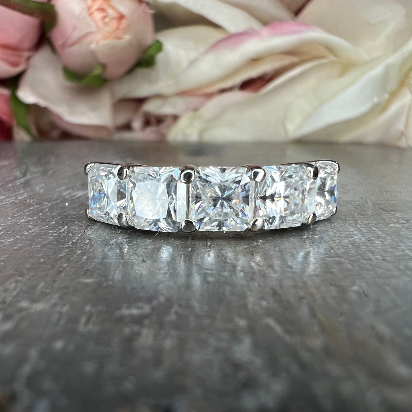 Lab grown diamond wedding band, Lab created diamond half eternity band 14k solid gold, 5 stone radiant diamond ring, cvd diamond ring