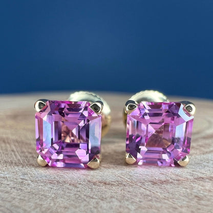 Pink Sapphire Stud Earrings For Her, 14k Yellow Gold Asscher Cut Sapphire Earrings, 3.50ctw Asscher Square Sapphire Birthstone Earrings 6436