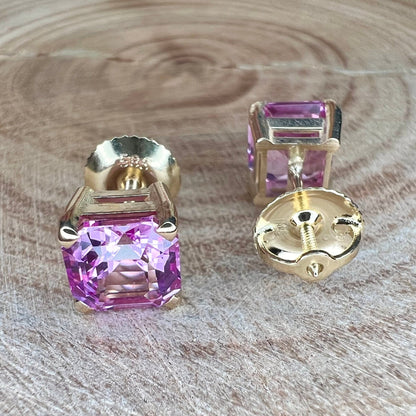 Pink Sapphire Stud Earrings For Her, 14k Yellow Gold Asscher Cut Sapphire Earrings, 3.50ctw Asscher Square Sapphire Birthstone Earrings 6436