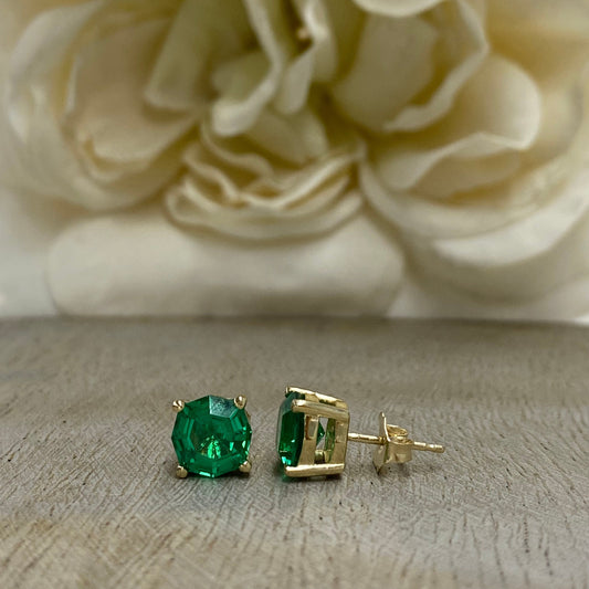 Web Cut Stud Earrings / Green Emerald Earrings / Octagon Earrings / 14k Yellow Gold / #6277