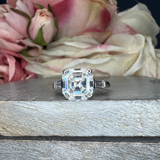 Asscher Cut Moissanite Engagement Ring 14K White Gold Ladies Three Stone Engagement Ring Asscher Shaped Wedding Bridal Promise Ring