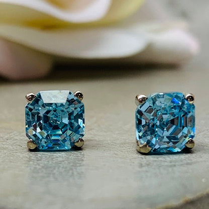 Aquamarine Earrings 14K Solid White Gold, Radiant Cut Dainty Aquamarine Stud Earrings Unisex, Square Blue Aquamarine CZ Stud Earring