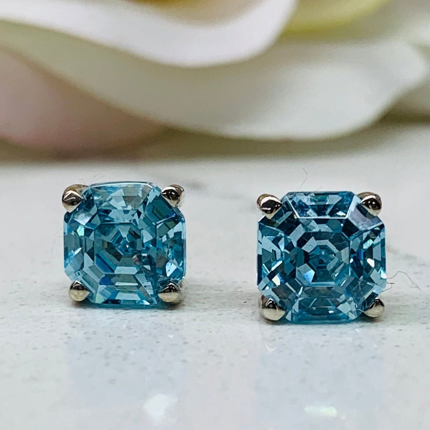 Aquamarine Earrings 14K Solid White Gold, Radiant Cut Dainty Aquamarine Stud Earrings Unisex, Square Blue Aquamarine CZ Stud Earring