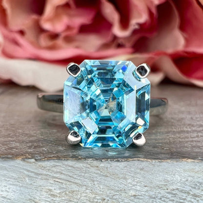 Asscher Cut Aquamarine Engagement Ring 14K White Gold Aquamarine Promise Ring For Women  Unique Light Blue Aquamarine Solitaire Ring