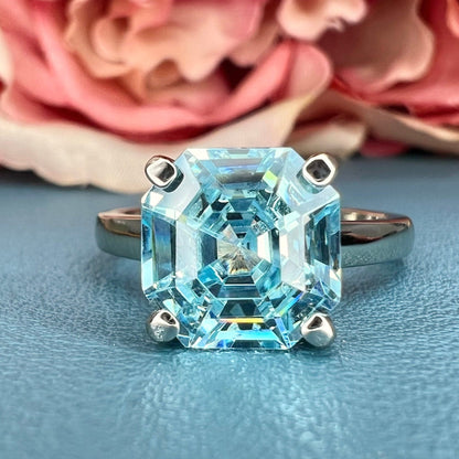 Asscher Cut Aquamarine Engagement Ring 14K White Gold Aquamarine Promise Ring For Women  Unique Light Blue Aquamarine Solitaire Ring