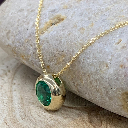 Round Emerald Pendant Necklace 14k Yellow/White Gold, Emerald Bezel Necklace, May Birthstone Necklace, Dainty Emerald Necklace Ladies, #6750