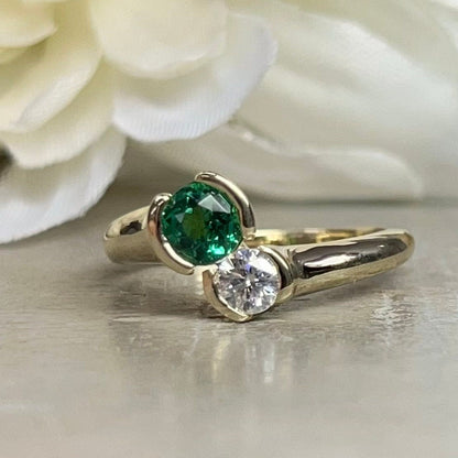 Two Stone Bypass Engagement Ring For Women 14K Solid Yellow Gold, Emerald and Moissanite Twist Ring, Unique Gemstone Ring For Women, #7186