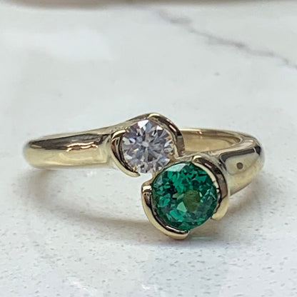 Two Stone Bypass Engagement Ring For Women 14K Solid Yellow Gold, Emerald and Moissanite Twist Ring, Unique Gemstone Ring For Women, #7186