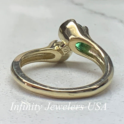 Two Stone Bypass Engagement Ring For Women 14K Solid Yellow Gold, Emerald and Moissanite Twist Ring, Unique Gemstone Ring For Women, #7186