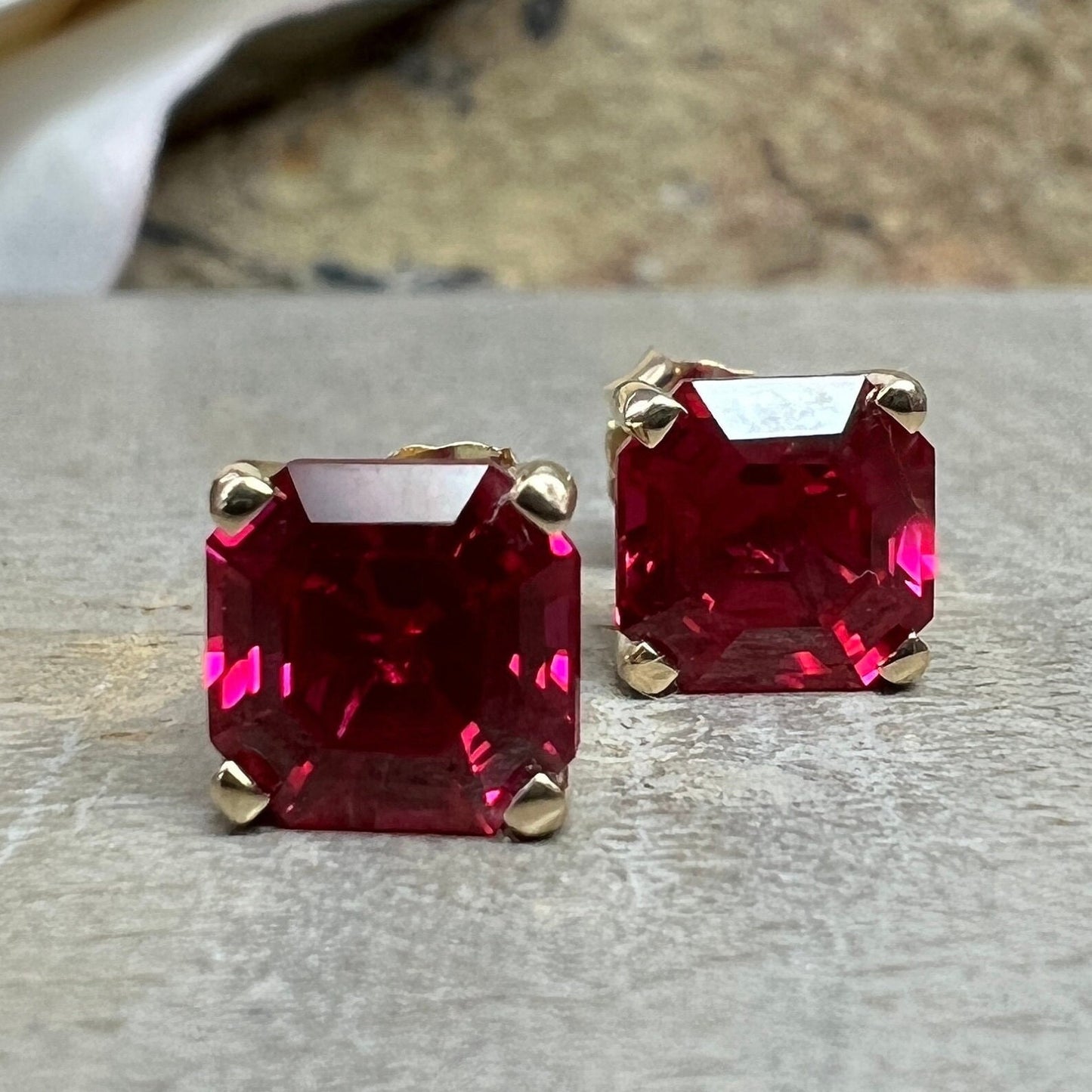 Ruby Stud Earrings 14k Solid Yellow Gold Earrings For Women, #6281 Ruby Asscher Cut Earrings Vintage Ruby Jewelry, Square Ruby Stud Earrings