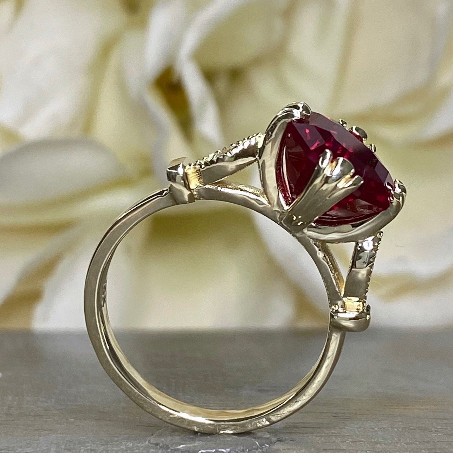 Asscher Cut Ruby Engagement Ring, Ruby Asscher Cut Vintage Ladies Wedding Ring, 14k Yellow Gold Unique Ruby And Diamond Statement Ring