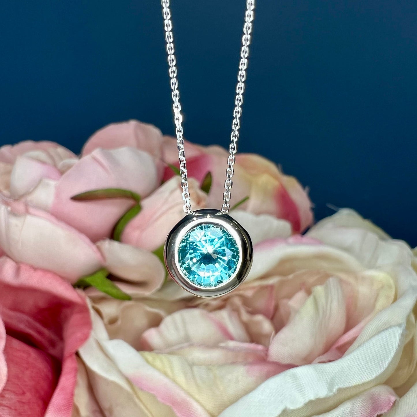 Paraiba Tourmaline Bezel Pendant, Round Floating Necklace, Round Bezel Necklace, Everyday Pendant, 14k White Gold #6749