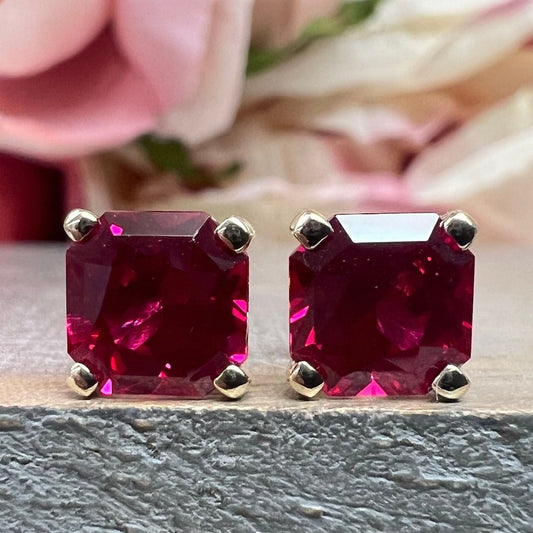 Radiant Cut Studs, 3.50CTW Blood Red Ruby Earring, Dainty Jewelry, 14k Yellow Gold, #6181