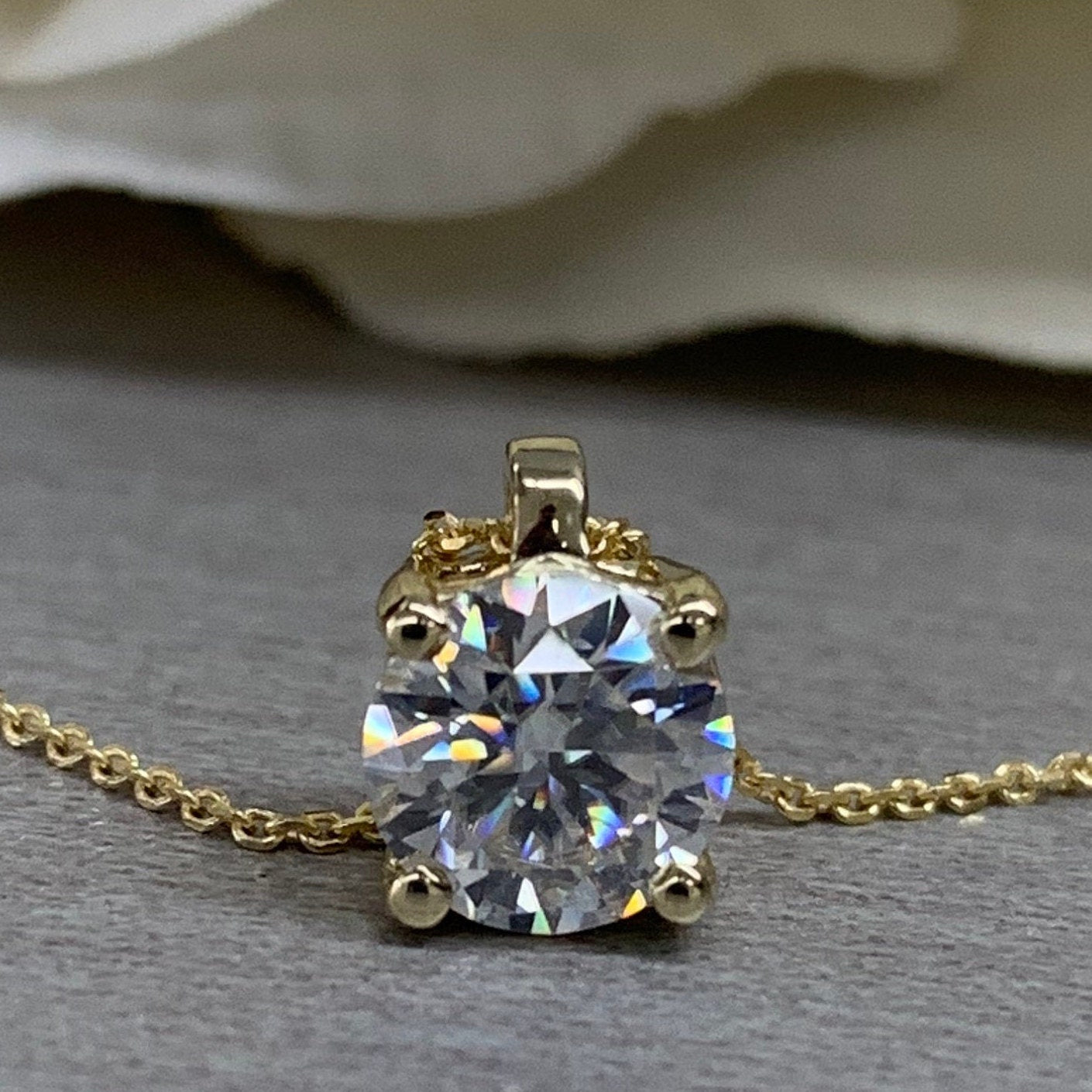 Moissanite necklace 14k solid gold, Round cut moissanite solitaire layering pendant necklace for mom, simple round diamond necklace, #6880