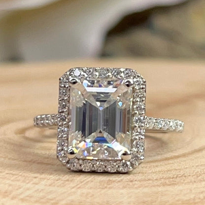 Moissanite Engagement Ring White Gold, Emerald Cut Halo Moissanite Engagement Ring, Halo Moissanite Wedding Ring For Her, 5991, 6925