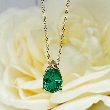 Pear Shape Emerald Solitaire Pendant Necklace For Ladies, 14K Yellow Gold May Birthstone Pendant Gift For Her, Ladies Emerald Necklace #6999