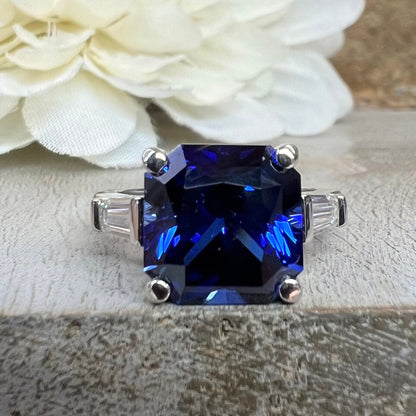 Radiant Blue Sapphire Engagement Ring White Gold Three Stone Blue Sapphire Ladies Ring Blue Sapphire Wedding Promise Anniversary Ring  #7329