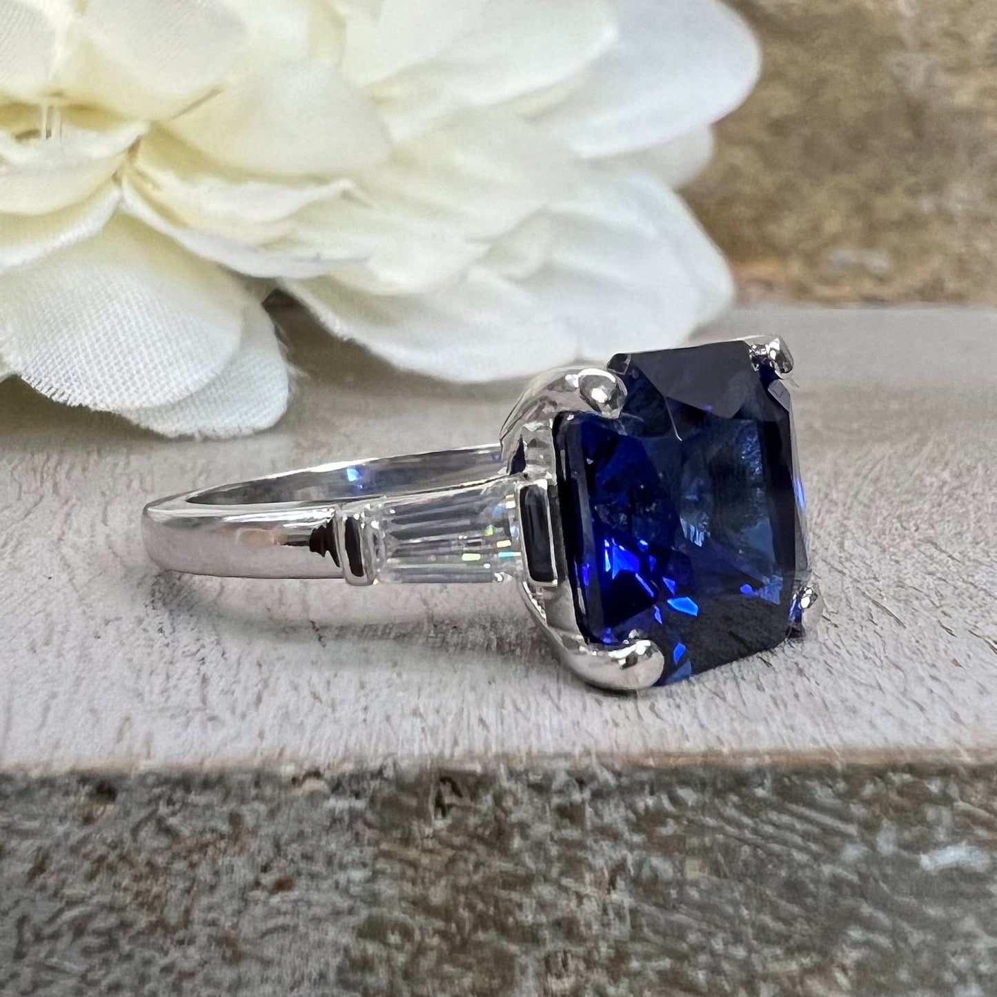 Radiant Blue Sapphire Engagement Ring White Gold Three Stone Blue Sapphire Ladies Ring Blue Sapphire Wedding Promise Anniversary Ring  #7329