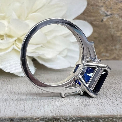 Radiant Blue Sapphire Engagement Ring White Gold Three Stone Blue Sapphire Ladies Ring Blue Sapphire Wedding Promise Anniversary Ring  #7329