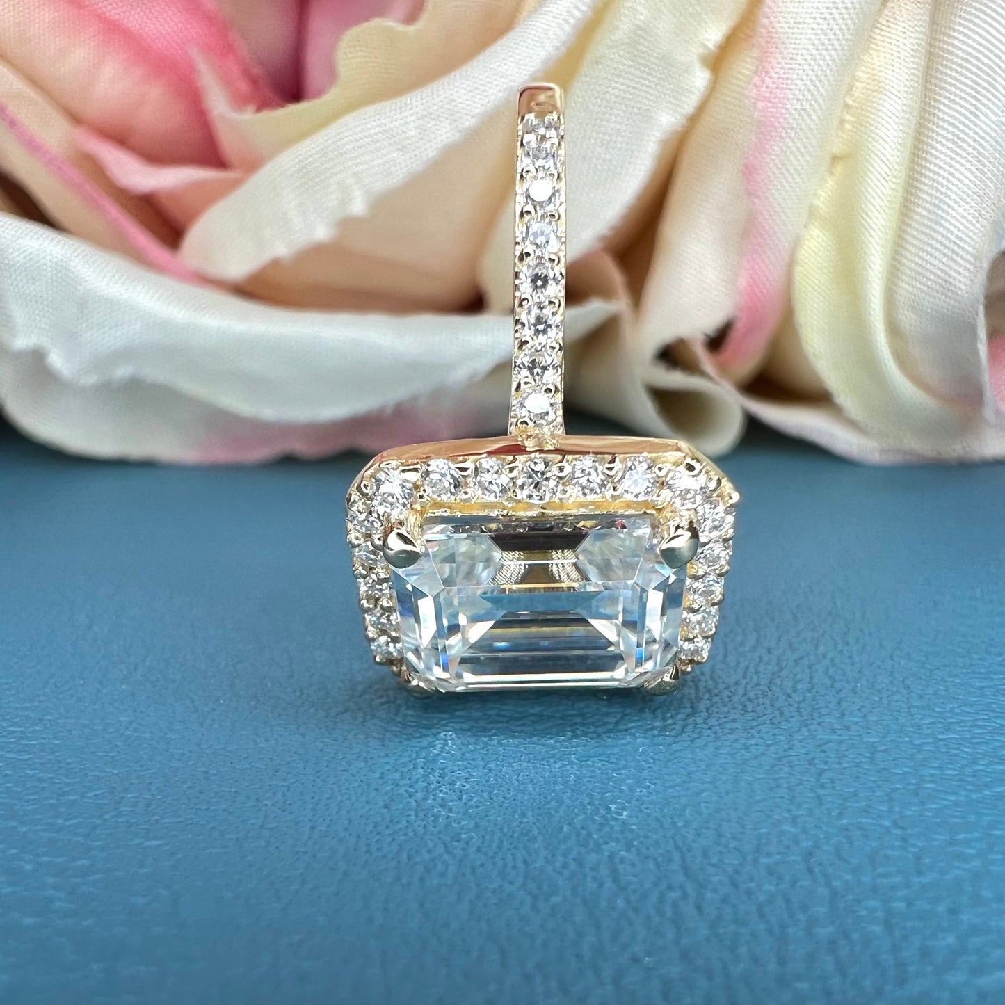 Moissanite Engagement Ring White Gold, Emerald Cut Halo Moissanite Engagement Ring, Halo Moissanite Wedding Ring For Her, 5991, 6925