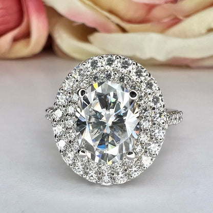 Oval shaped moissanite engagement ring white gold double halo moissanite fiancé ring Unique vintage wedding anniversary promise ring #7647