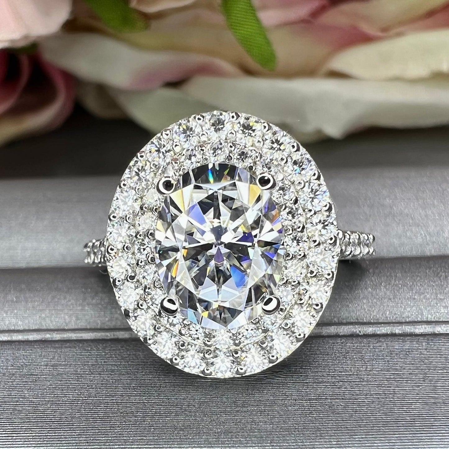 Oval shaped moissanite engagement ring white gold double halo moissanite fiancé ring Unique vintage wedding anniversary promise ring #7647