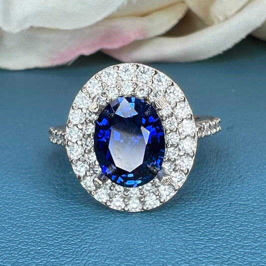 Oval blue sapphire ring white gold, double halo blue sapphire engagement ring, Unique Vintage fiancé ring, Wedding Anniversary ring, #7648