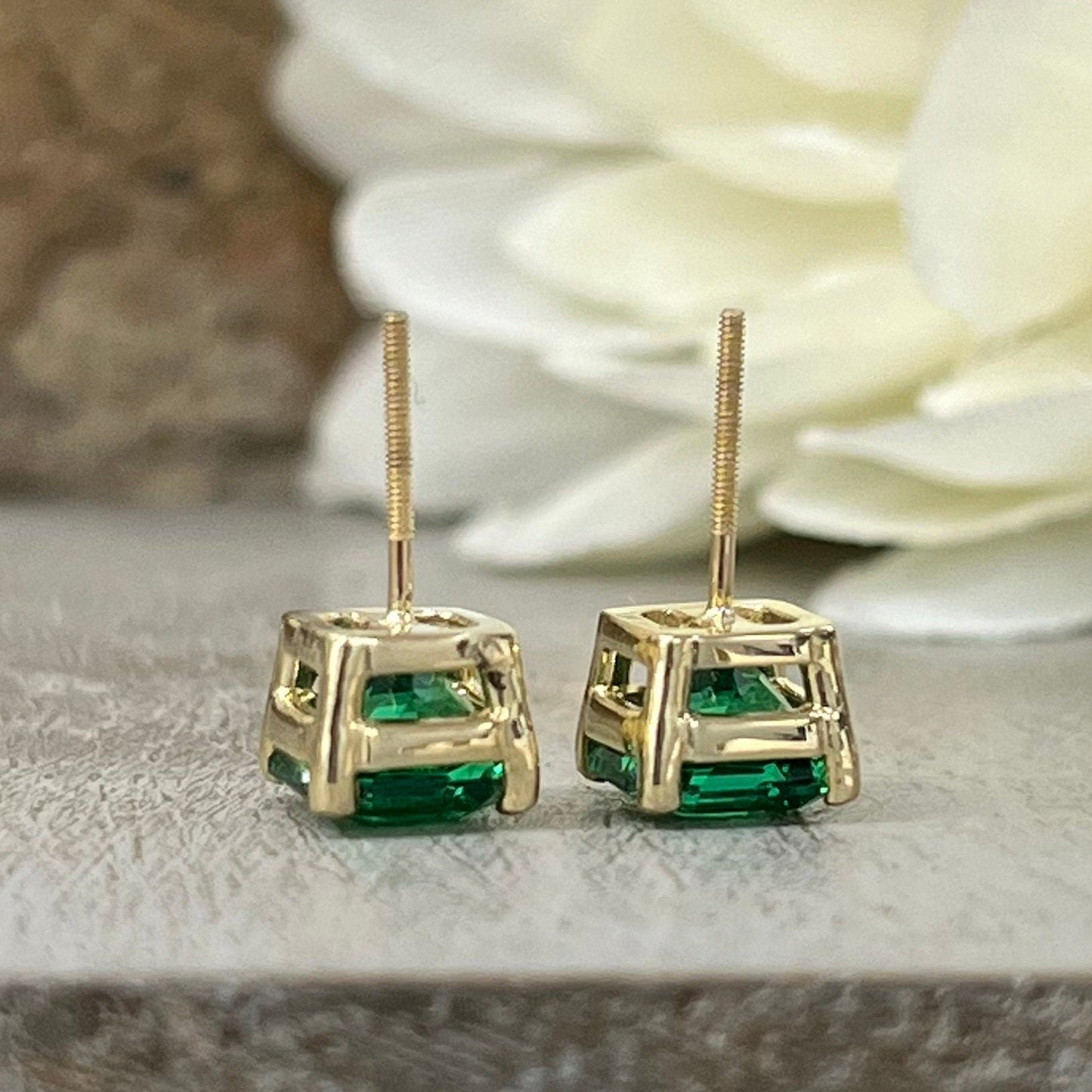 Radiant Cut Stud Earring 14k Yellow Gold, Green Emerald Stud Earrings, Square Earrings Yellow Gold, Unisex Earring Emerald Radiant Cut #6228