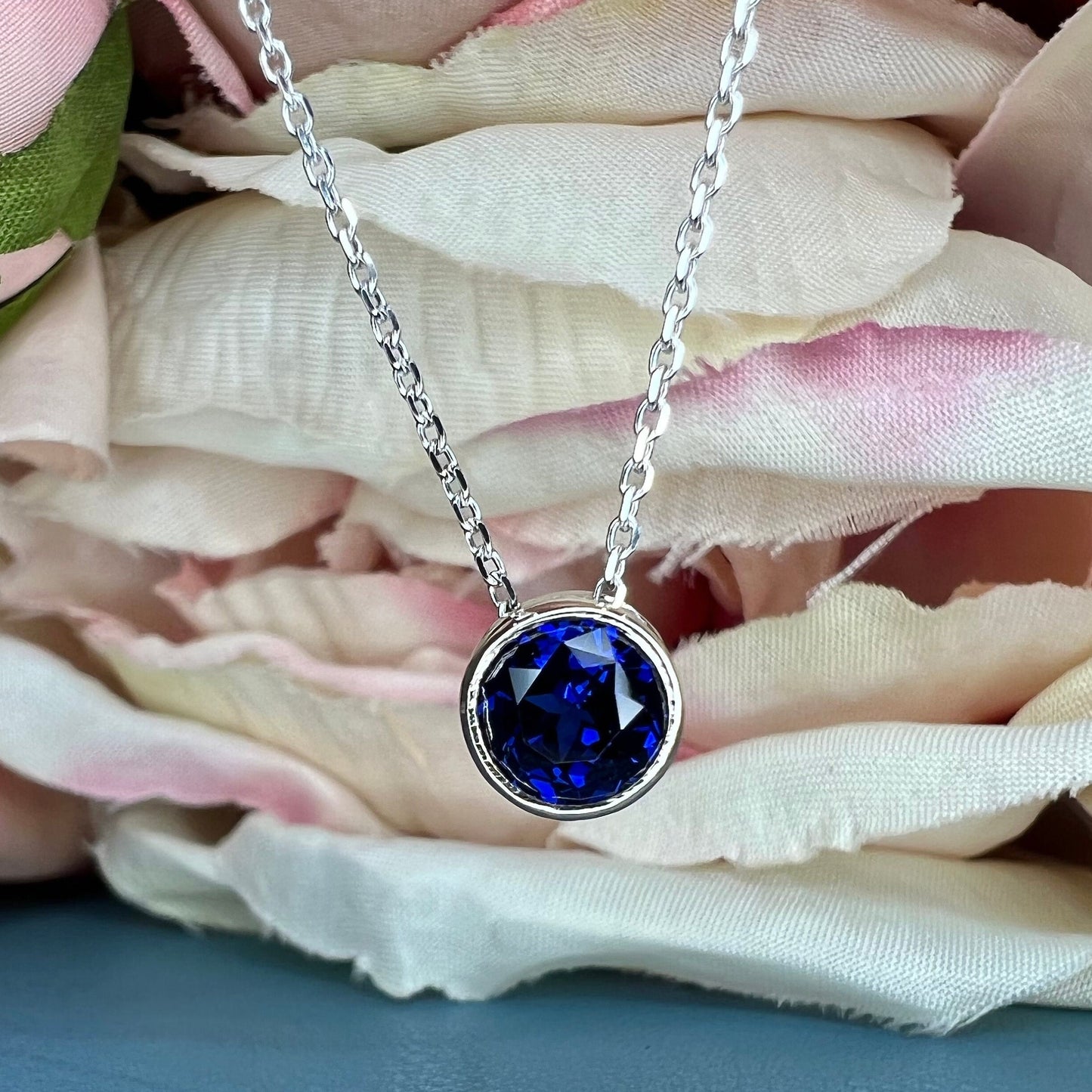 Blue Sapphire Necklace 14K Solid Gold, Floating Charm Necklace For Ladies, Bezel Set Blue Sapphire Pendant Necklace, Dainty Necklace