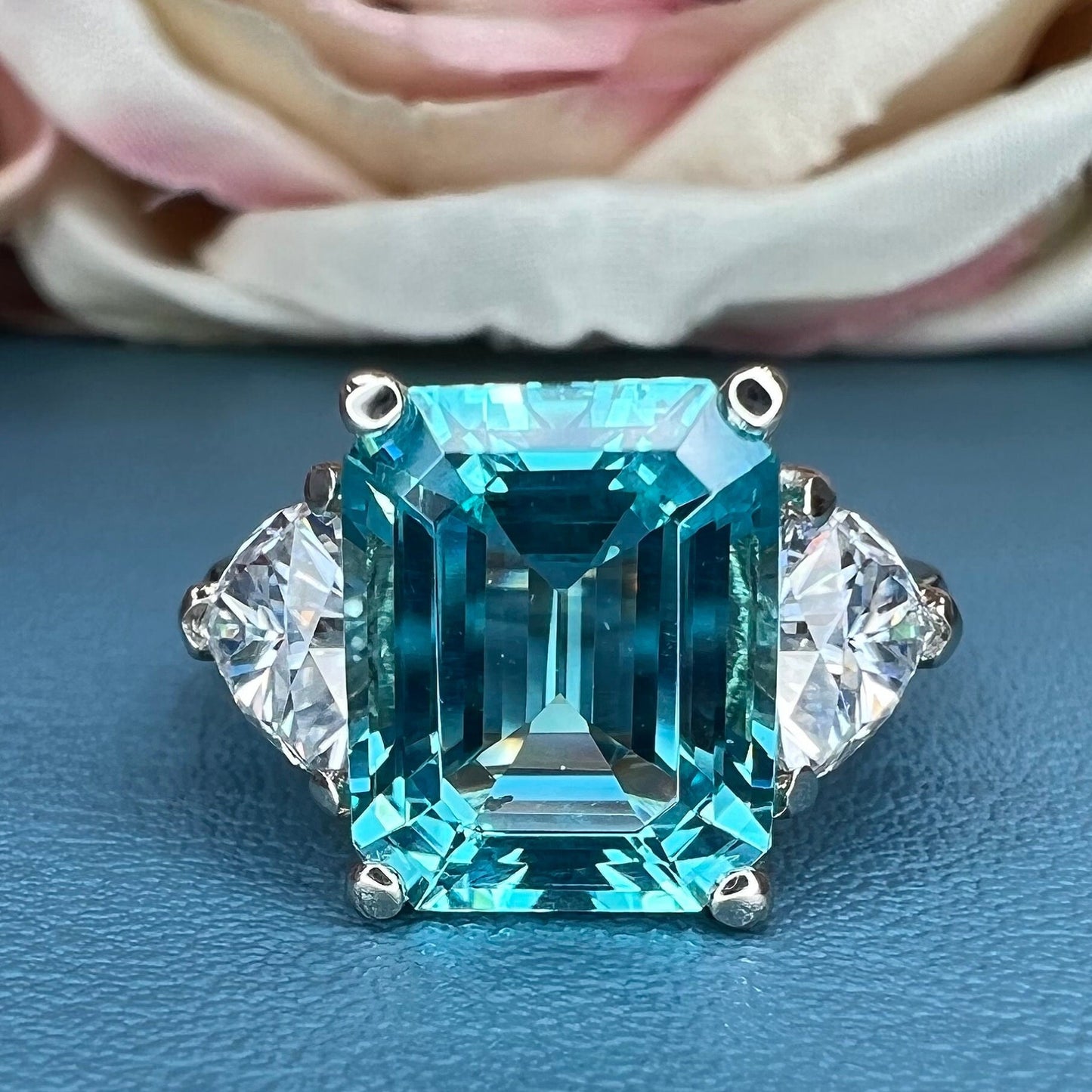 Paraiba Tourmaline Engagement Ring White Gold Emerald Cut Neon Blue Paraiba Tourmaline Ring For Women Unique Ring Moissanite Trillions #6824