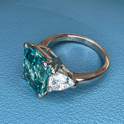 Paraiba Tourmaline Engagement Ring White Gold Emerald Cut Neon Blue Paraiba Tourmaline Ring For Women Unique Ring Moissanite Trillions #6824