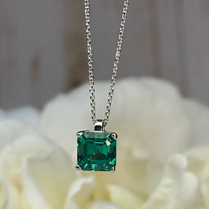 Asscher Cut Emerald Pendant Necklace, Green Emerald Square Pendant Anniversary Gift For Her, 14k Gold Necklace For Ladies Holiday Gift