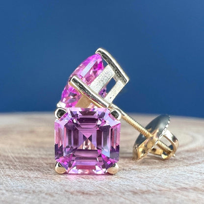 Pink Sapphire Stud Earrings For Her, 14k Yellow Gold Asscher Cut Sapphire Earrings, 3.50ctw Asscher Square Sapphire Birthstone Earrings 6436