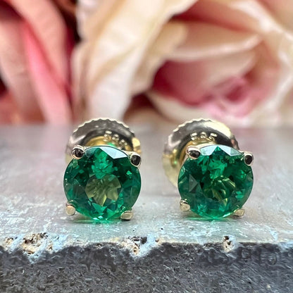 Green Emerald Earrings / Round Ladies Studs /  Earrings / Anniversary Gift / 14K Yellow Or White Gold /  #5946