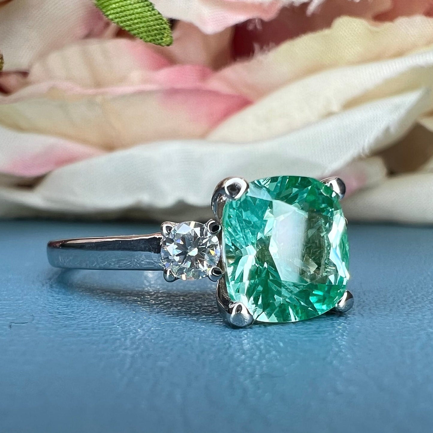 Paraiba Tourmaline Ring, Three Stone Engagement Ring, 14K White Gold, Cushion Cut Paraiba Ladies Ring, Paraiba And Moissanite Ring, #6869