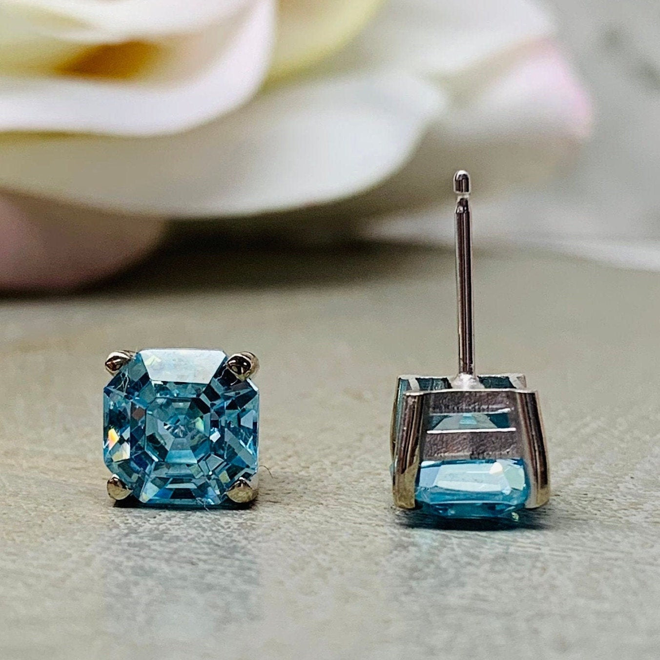 Aquamarine Earrings 14K Solid White Gold, Radiant Cut Dainty Aquamarine Stud Earrings Unisex, Square Blue Aquamarine CZ Stud Earring