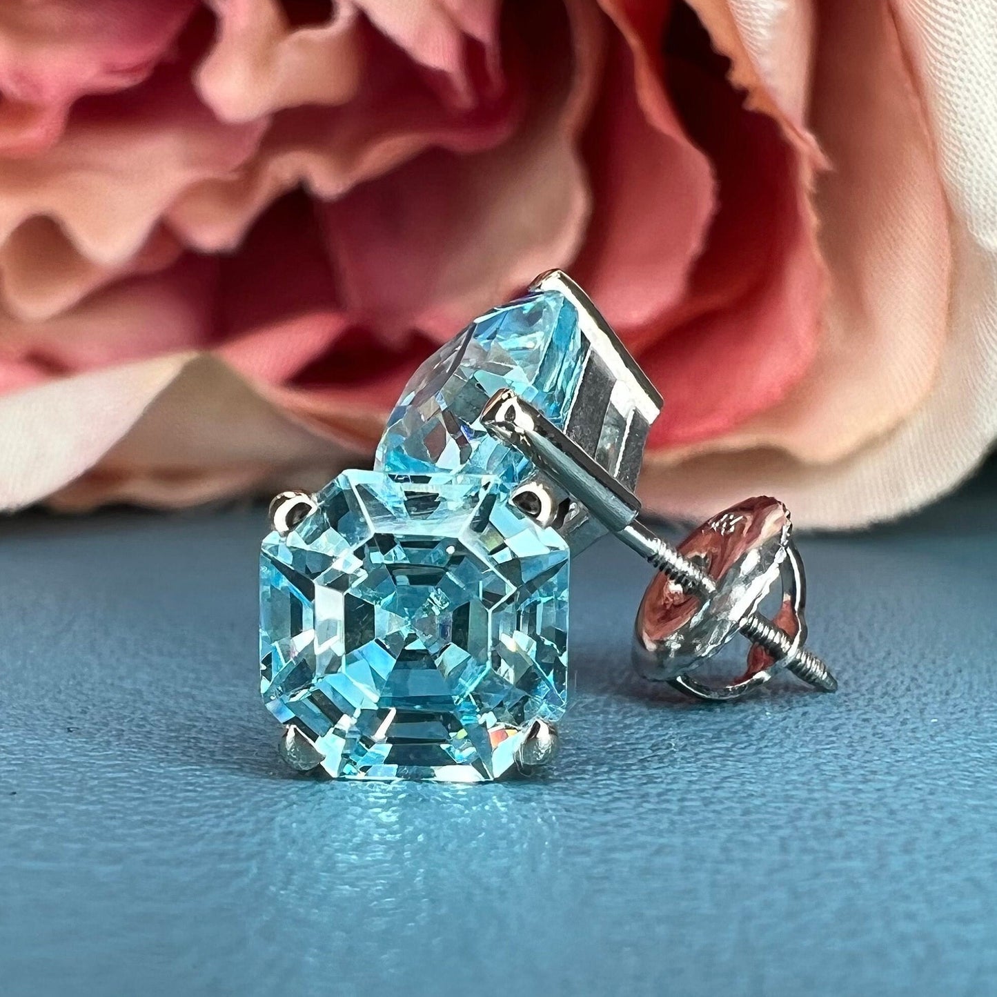 Aquamarine Earrings 14K Solid White Gold, Radiant Cut Dainty Aquamarine Stud Earrings Unisex, Square Blue Aquamarine CZ Stud Earring