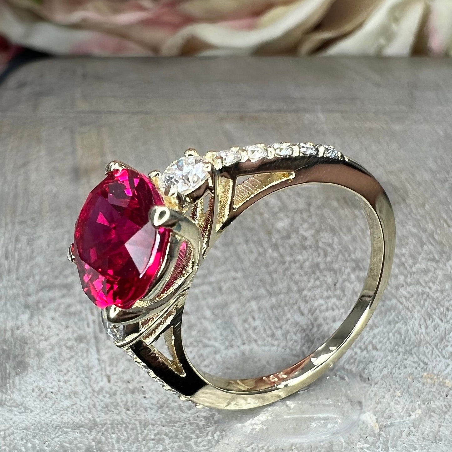 Oval Ruby With Moissanite Engagement Ring 14K Yellow Gold Vintage Three Stone Cushion Shaped Ruby Engagement Ring, July Birthstone Ring 7575