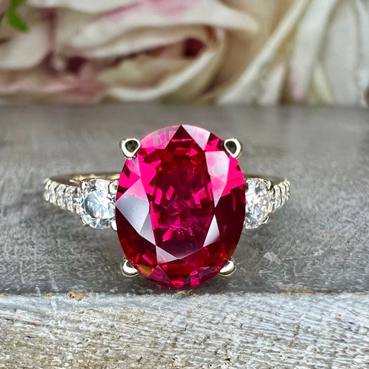 Oval Ruby With Moissanite Engagement Ring 14K Yellow Gold Vintage Three Stone Cushion Shaped Ruby Engagement Ring, July Birthstone Ring 7575