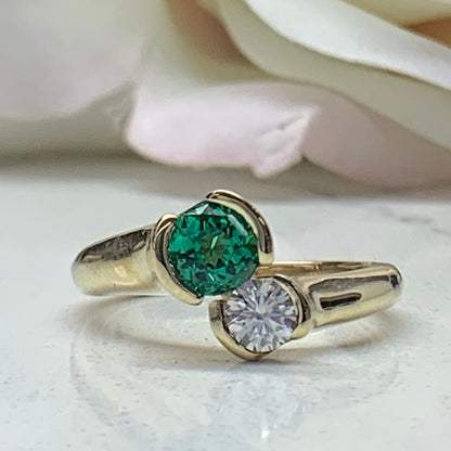 Two Stone Bypass Engagement Ring For Women 14K Solid Yellow Gold, Emerald and Moissanite Twist Ring, Unique Gemstone Ring For Women, #7186