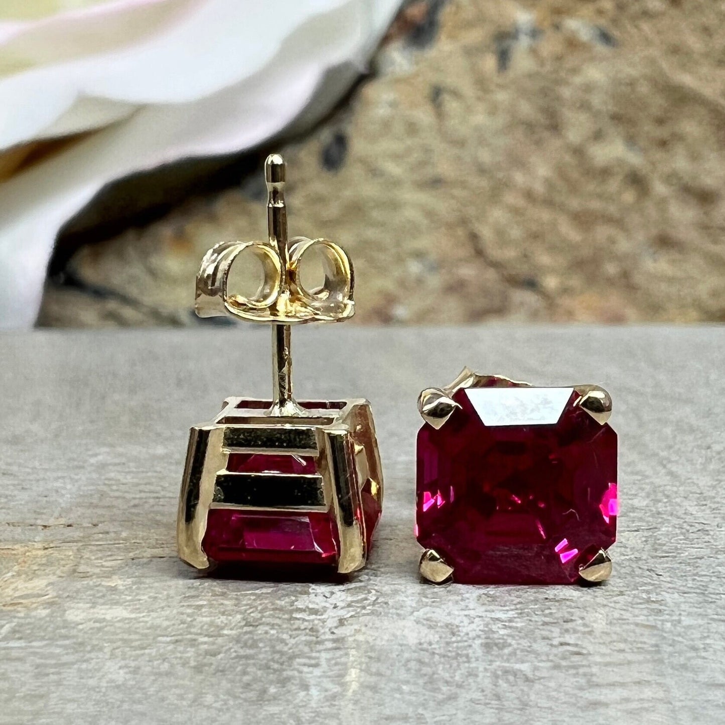 Ruby Stud Earrings 14k Solid Yellow Gold Earrings For Women, #6281 Ruby Asscher Cut Earrings Vintage Ruby Jewelry, Square Ruby Stud Earrings