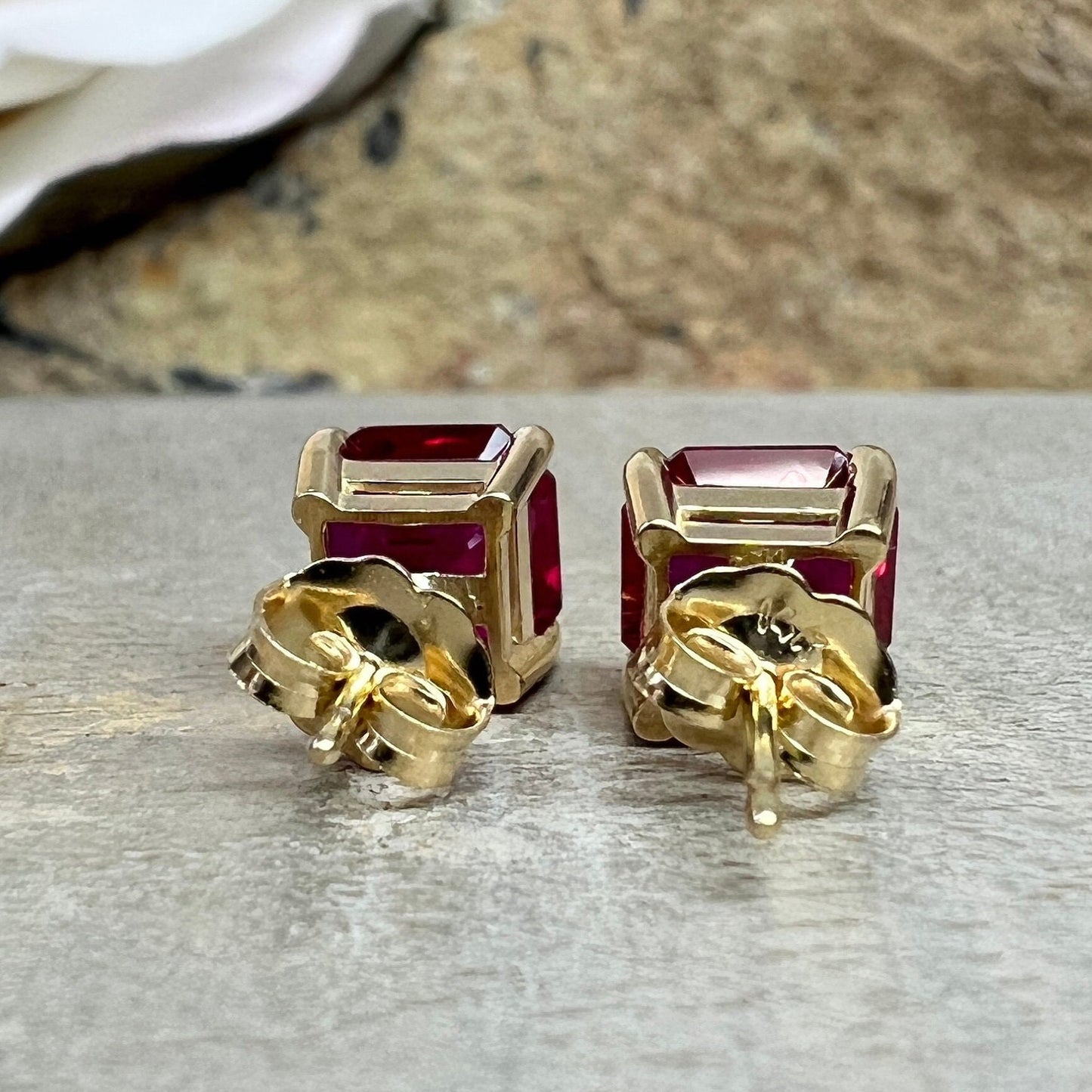 Ruby Stud Earrings 14k Solid Yellow Gold Earrings For Women, #6281 Ruby Asscher Cut Earrings Vintage Ruby Jewelry, Square Ruby Stud Earrings