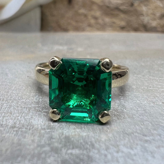 Asscher Cut Emerald Solitaire Engagement, 14k Yellow Gold Green Emerald Square Shape Statement Ring For Ladies, May Birthstone Ring