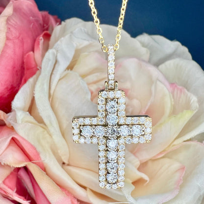 Large Cross Necklace 14K Solid Gold, Unique Moissanite Cross Pendant Necklace, Custom Cross Pendant Faith Crucifix Jesus Necklace Gold #7690