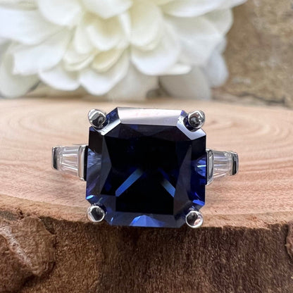 Radiant Blue Sapphire Engagement Ring White Gold Three Stone Blue Sapphire Ladies Ring Blue Sapphire Wedding Promise Anniversary Ring  #7329