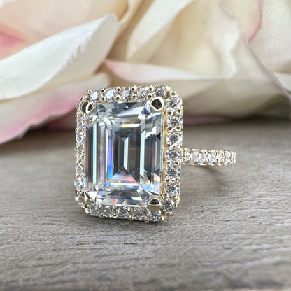 Moissanite Engagement Ring White Gold, Emerald Cut Halo Moissanite Engagement Ring, Halo Moissanite Wedding Ring For Her, 5991, 6925