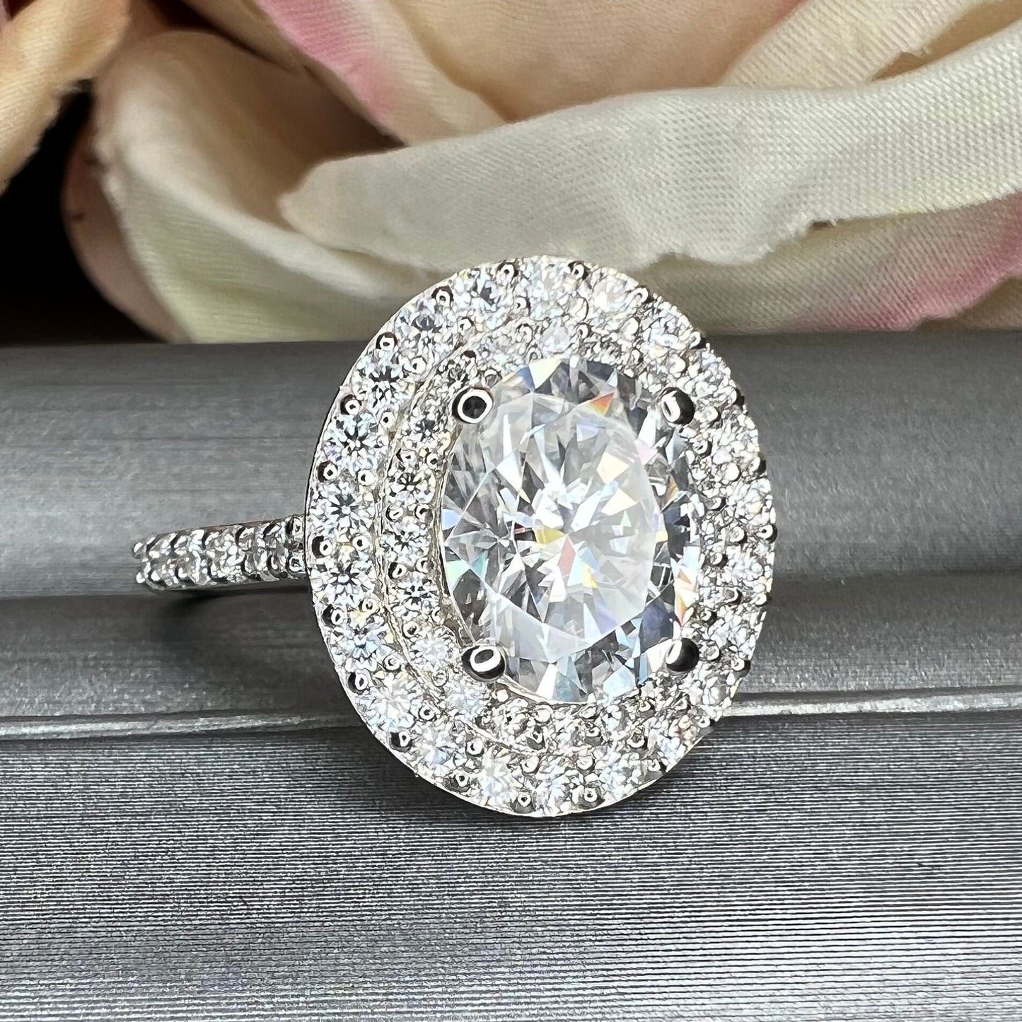 Oval shaped moissanite engagement ring white gold double halo moissanite fiancé ring Unique vintage wedding anniversary promise ring #7647