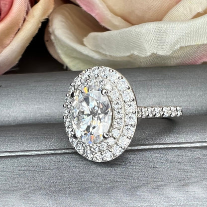 Oval shaped moissanite engagement ring white gold double halo moissanite fiancé ring Unique vintage wedding anniversary promise ring #7647