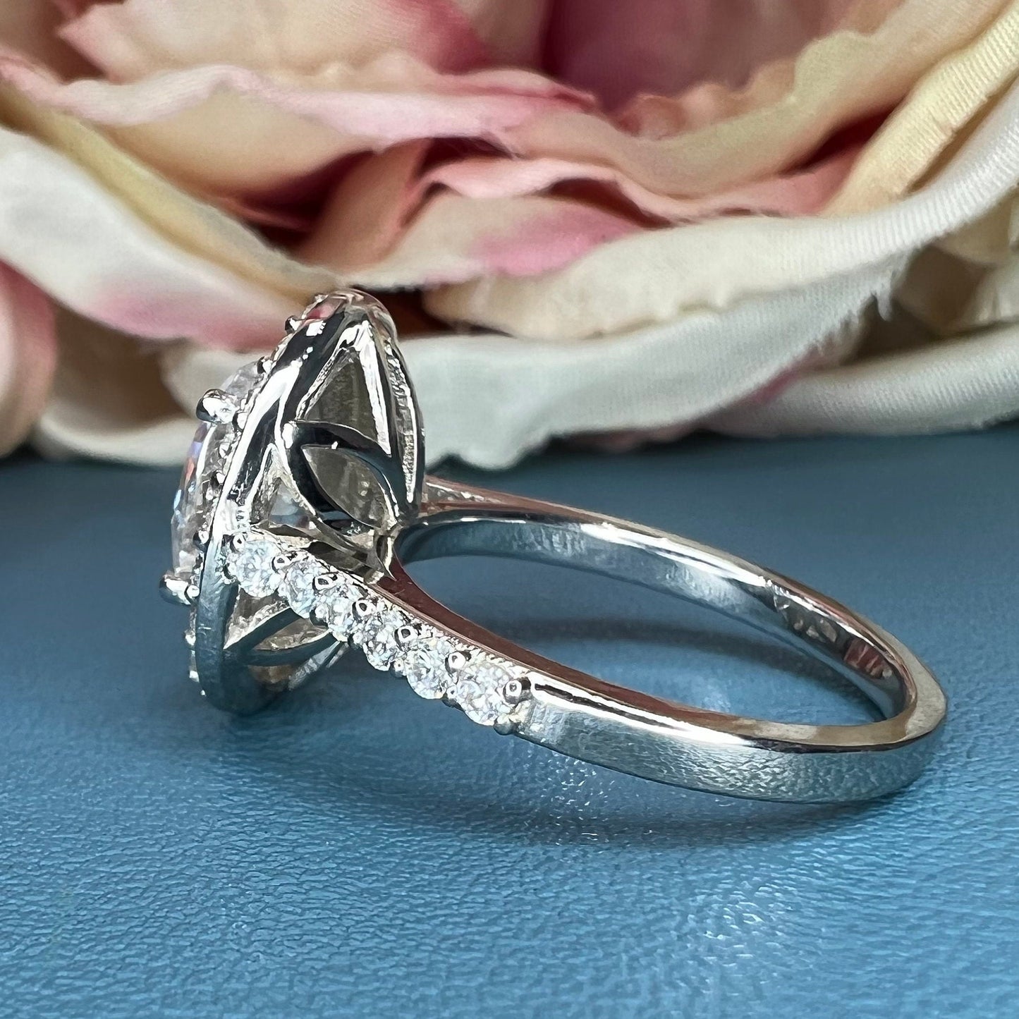 Oval shaped moissanite engagement ring white gold double halo moissanite fiancé ring Unique vintage wedding anniversary promise ring #7647