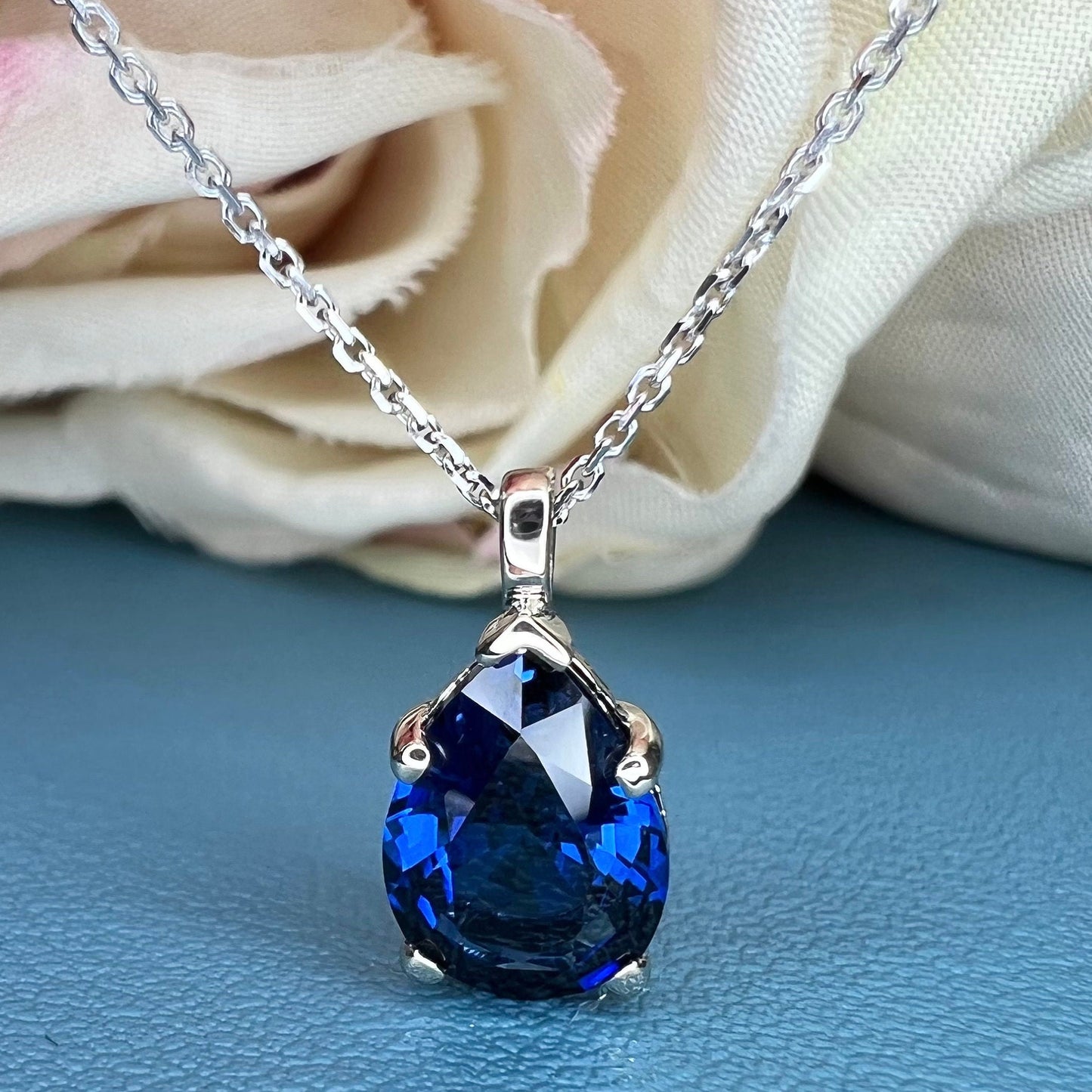 Blue Sapphire Necklace 14K White Gold, Pear Shape Blue Sapphire Pendant Necklace For Ladies, Layering September Birthstone Jewelry